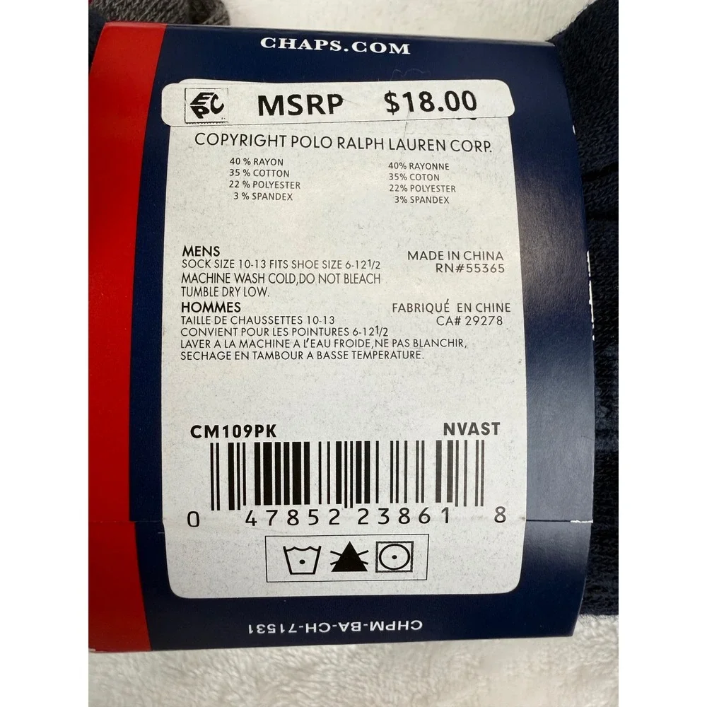 Chaps Mens 3 Pair Pima Cotton Blend Performance Casual Socks American Flag Navy